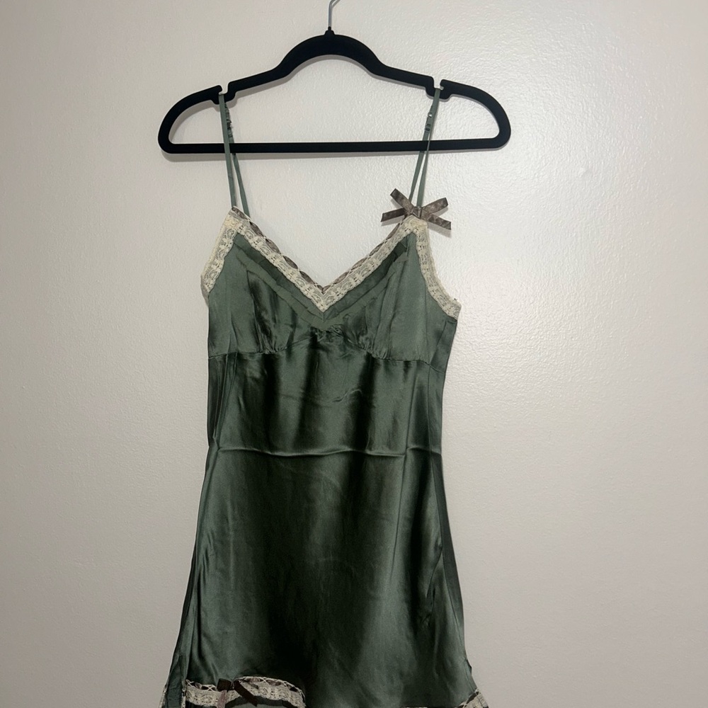 Green Satin Slip Dress with Lace Trim